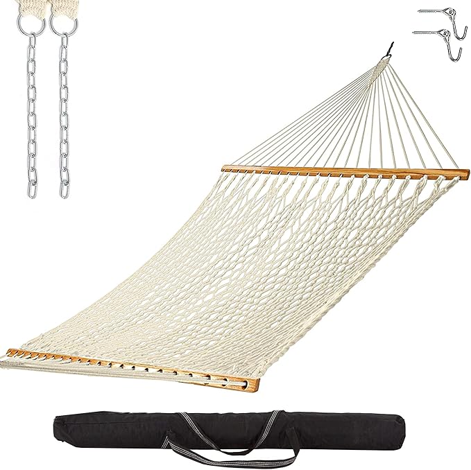 Castaway Living 13 ft. Double Traditional Hand Woven Navy Polyester Rope Hammock – 2-Person, 450 lb Capacity, Free Extension Chains & Tree Hooks, Designed in The USA