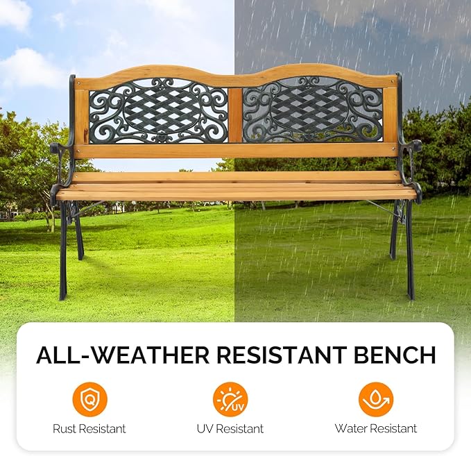 VINGLI Classic Cast Iron & Teak Arched Back Rectangular Outdoor Bench, 3-Seater, 470 lbs Capacity, Easy Assembly, Weather Resistant, 49.5" W x 20.5" D x 29" H