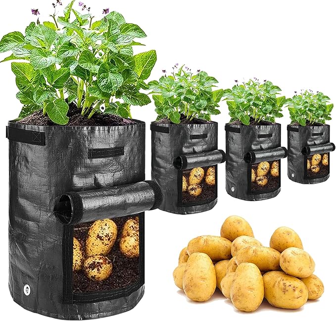 JJGoo Potato Grow Bags, 4 Pack 10 Gallon with Flap and Handles Planter Pots for Onion, Fruits, Tomato, Carrot - Black