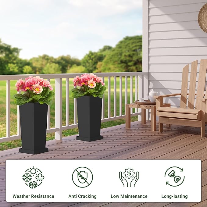 Tall Planters 20" H - 2 Pack, Tapered Pots with Drainage Insert Shelve & Trays, Metal Outdoor Planter Box for Porch, Garden, Patio, Yard (Black)