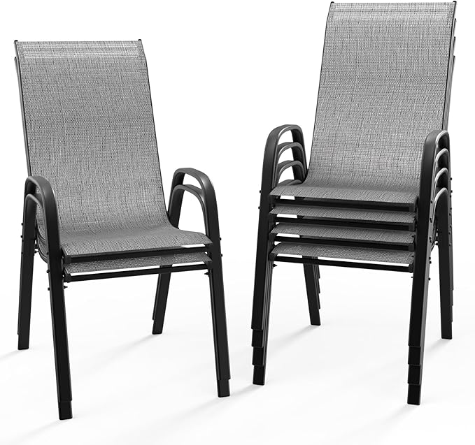 VINGLI Patio Chairs Set of 6 – Stackable Outdoor Dining Chairs with Comfortable Sling High Back Chairs and Armrests for Lawn, Poolside, Courtyard, Balcony, Garden, Silver Gray