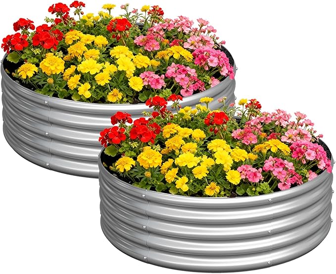 zizin 2 Pcs Round 4x4x1ft Raised Garden Bed Kit Metal Planter Box for Planting Vegetables, Silver