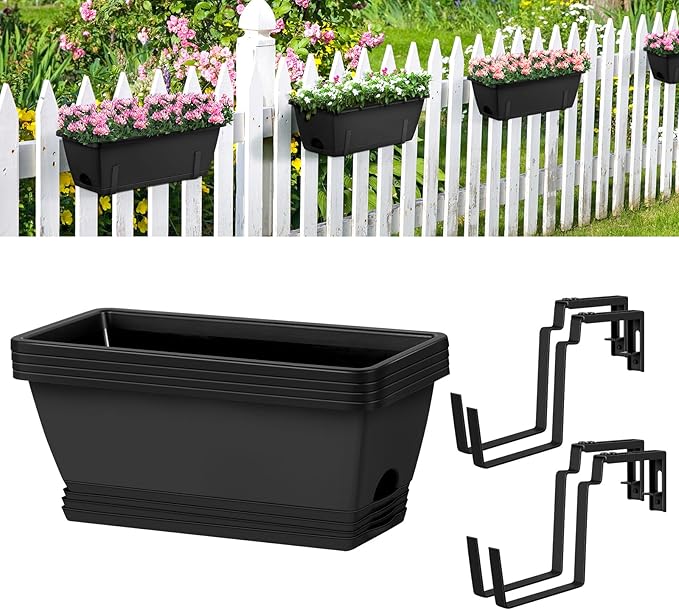 smusei 4 Pack Window Boxes Planters 17’’ Railing Planter Box with Adjustable Brackets, Deck Railing Hanging Flower Pots Rectangular Herb Planter for Outdoor Fence Garden, Balcony Decor
