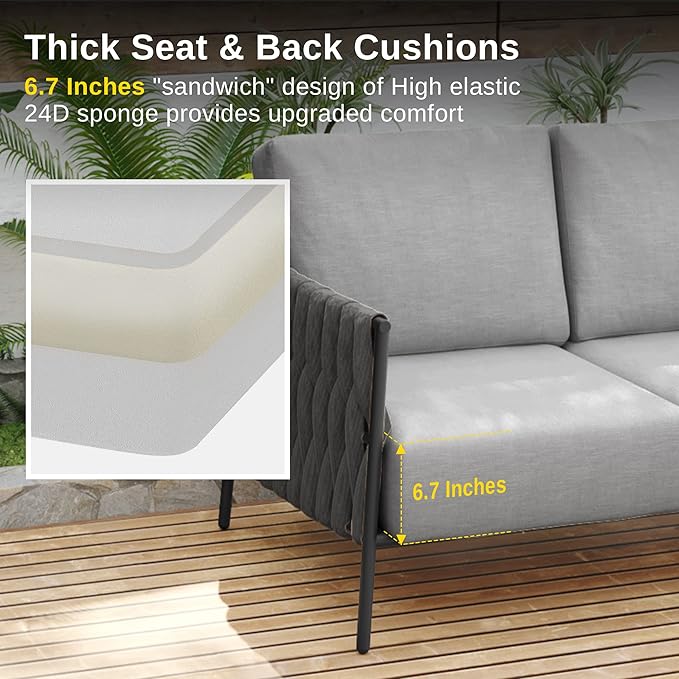 EAST OAK Life Chatter Patio Furniture Set, Outdoor Furniture Sectional Sofa Set with Round Coffee Table, 4 Seats Sofa Deep Seating with Thick & Washable Cushions, Earth Black & Misty Grey