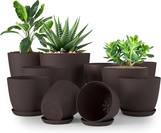 Utopia Home - Plant Pots Indoor with Drainage - 7/6.6/6/5.3/4.8 Inches Home Decor Flower Pots - Pack of 10 Plastic Planters for Indoor Plants, Cactus, Succulents Pot - Brown