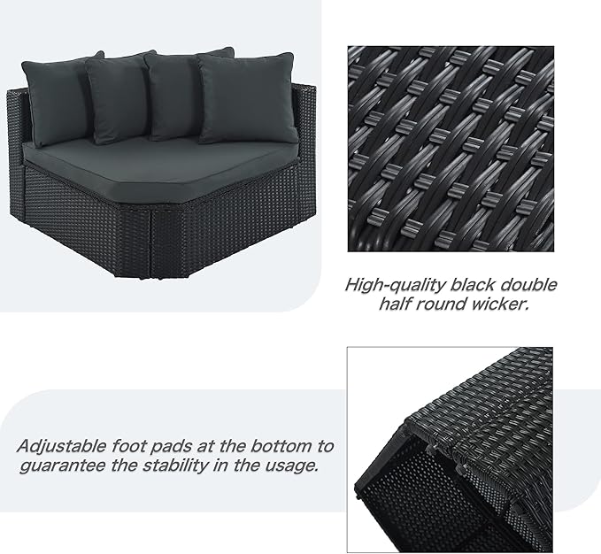Merax 7-Piece Outdoor Wicker Sectional Sofa Set,Modular Rattan Conversation Set with Gray Cushions,Striped Green Pillows & Tempered Glass Coffee Table for Patio,Garden,Deck,Black