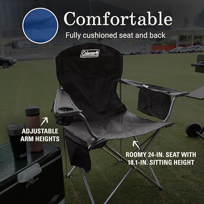 Coleman Portable Camping Chair with 4-Can Cooler, Cushioned Seat & Back with Side Pockets & Cup Holder, Carry Bag Included, Great for Camping, Tailgating, Firepits, Patio, & More