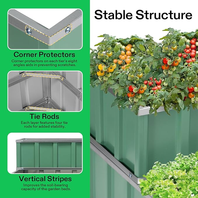 VIVOSUN 3-Tier Metal Raised Garden Bed, 46" x 46" x 24" Galvanized Steel Metal Outdoor Planter Box with Gloves and Scissors to Grow Flowers, Vegetables and Herbs for Outdoor Gardening, Green