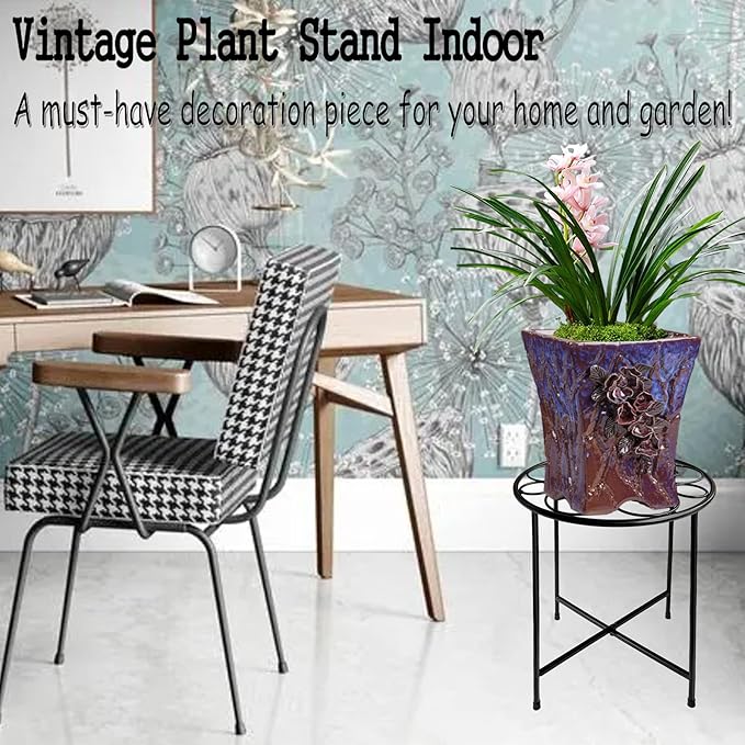 Plant Stand, 15'' Tall Indoor Outdoor Set of 1, Retro Design Round, Rust-Proof Coated Metal Pot Stand for Flowers, Patio Garden Home Decor - Black