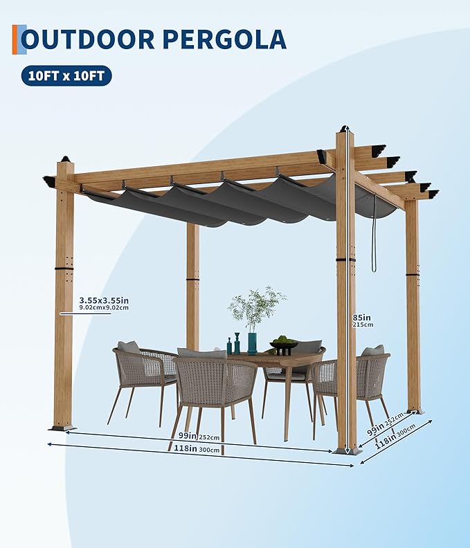 GarveeLife 10 x 10 ft Wood-Grain Aluminum Pergola Outdoor Pergola with Retractable Canopy Sun Shade Shelter for Garde Patio Backyard Deck - Gray