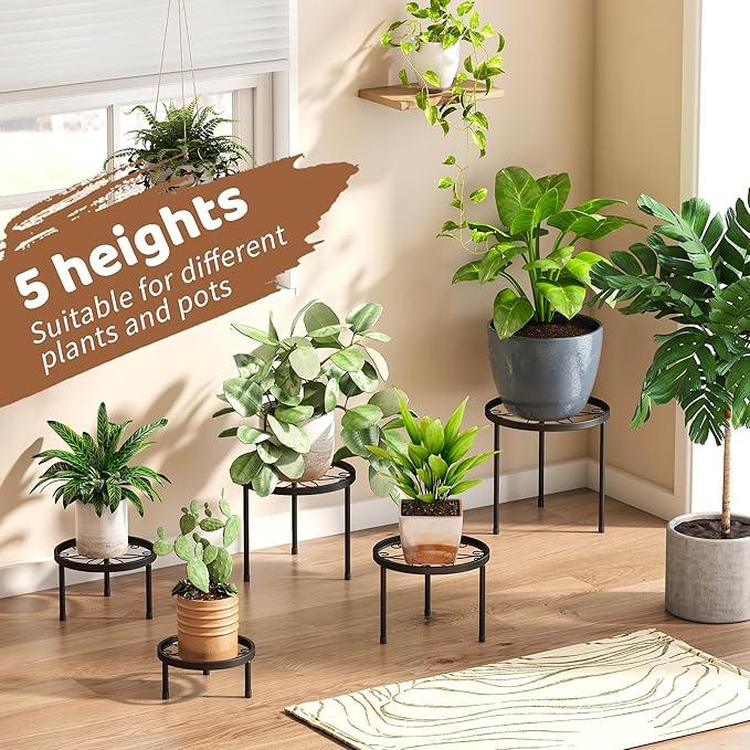 Plant Stand Indoor Outdoor 5 Pack Heavy Duty Metal Stand Multiple Plants, Anti-Rust Iron Flower Pot Stand Decoration Racks Plant Pot Shelf for Living Room Garden Balcony (Black)