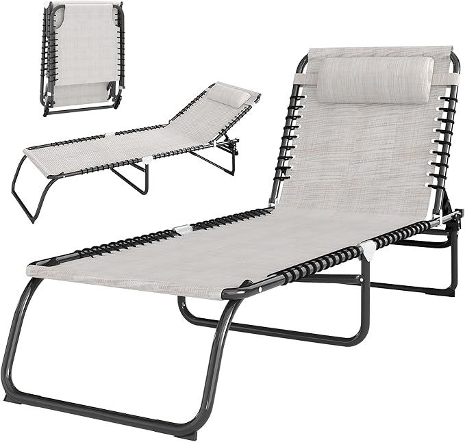 Outsunny Folding Chaise Lounge Chair, Patio Sun Tanning Chair, Outdoor Chaise Lounger with 4-Position Reclining Back, Breathable Mesh Seat for Beach, Poolside, Yard, Cream White