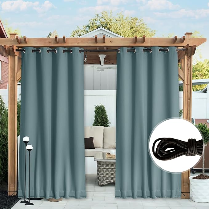 NICETOWN 2 Panels Weighted Blackout Outdoor Curtains for Patio Waterproof, Grommet & Back Tab on top and Bottom Windproof Privacy Thermal Drapes for Cabana with Fixed Rope, W52 x L95, Greyish Blue
