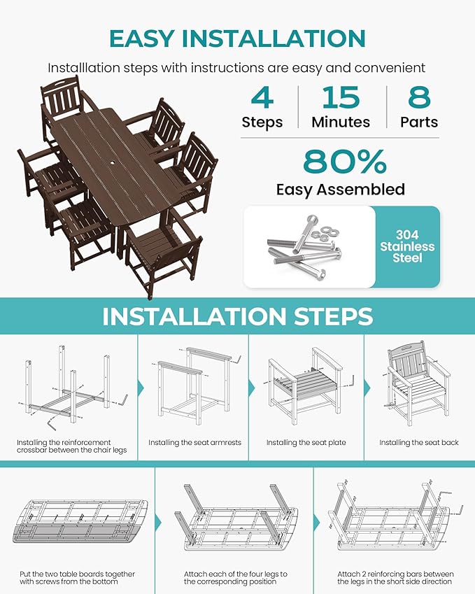 Outdoor Rectangle Dining Table, Heavy-Duty HDPE Table for 6, Weatherproof Patio Table with Umbrella Hole, Rounded Corners for Safety, Brown