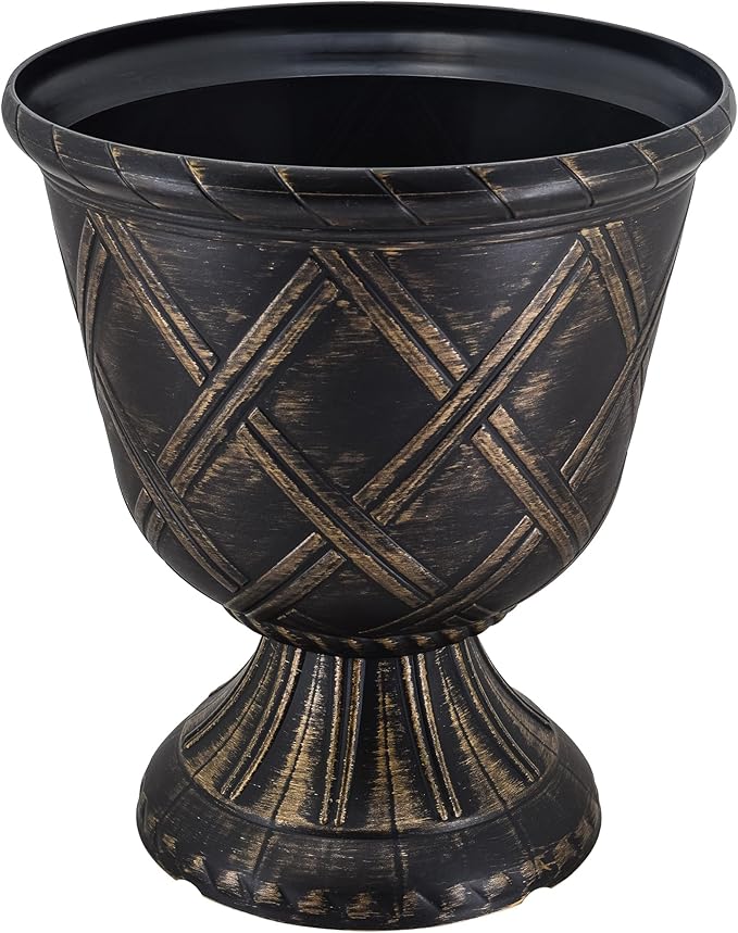 Arcadia Garden Products PL61GD Lattice Plastic Garden Urn, Classic Decorative Garden Pot Planter for Indoor and Outdoor Plants, Gold