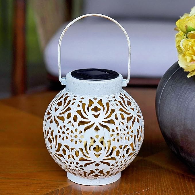2 Pack Outdoor Solar Hanging Lantern Lights Metal LED Decorative Lamp for Garden Patio Courtyard Lawn and Table with Hollowed-Out Design (White)