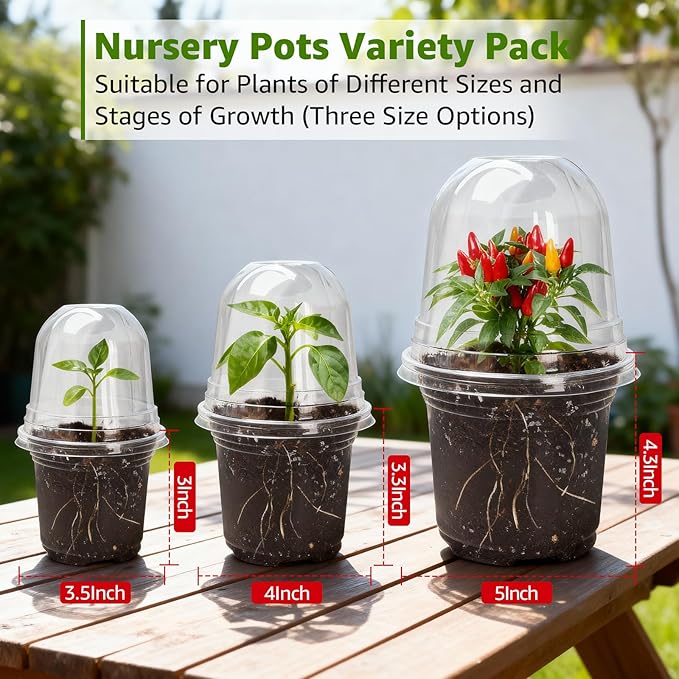 MIXC Clear Nursery Pots with Humidity Domes, 5/4/3.5 Inch Reinforced Transparent Plastic Pots for Planting with Drainage Holes, for Tomato Seedlings, Cactus, and Herbs, 30 Pack