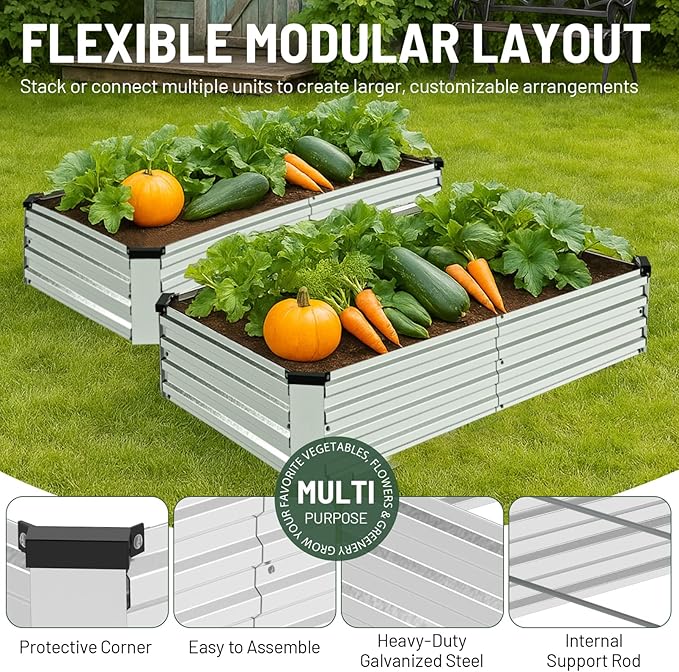 2 Pack 8x4x1FT Galvanized Metal Raised Garden Bed Kit for Vegetables, Herbs, Open-Bottom Large Capacity Outdoor Planter Box Gardening Stakes, Silver