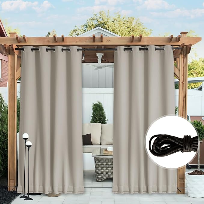 NICETOWN 2 Panels Gazebo Curtains Outdoor Waterproof & Windproof, Top & Bottom Grommet with Back Tab Wind-Break Outdoor Drapes Blackout Blinds with Fixed Rope for Patio, Natural, W52 x L95
