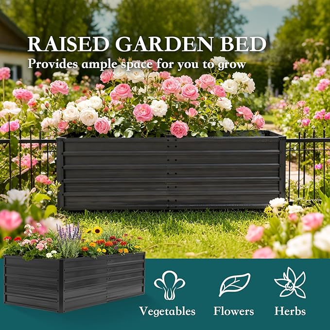 DUMOS Raised Garden Bed Outdoor, 6x3x2ft Planter Box Outdoor for Deep-Rooted Herbs/Flowers/Vegetables, Large Metal Garden Bed for Patio, Balcony and Backyard, Gray