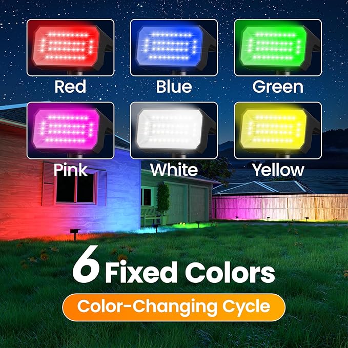 Fabrito Color Changing Solar Spot Lights Outdoor 8 Pack, [6+1 Lighting Modes] Auto On/Off RGB Spotlights, Waterproof Multicolor Landscape Lights for Garden, Tree, Halloween, Christmas