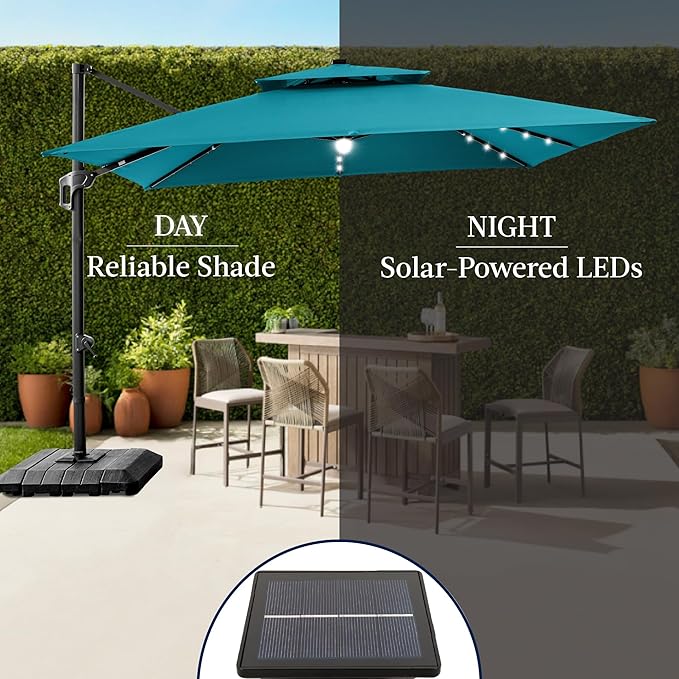 Best Choice Products 9x12ft LED Cantilever Patio Umbrella w/Base Included & 360° Rotation, Large Solar Offset Hanging Outdoor Sun Shade for Deck, Backyard Table w/Stand & Lights – Cerulean