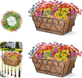 ZeeDix Railing Planter Boxes with Artificial Flowers, 2 Pack 16 Inch Window Box Planter with 24 Pack Fake Flowers for Deck Porch Patio Balcony Garden Home Decor
