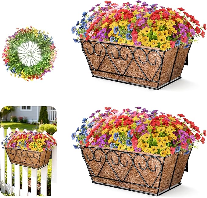 ZeeDix Railing Planter Boxes with Artificial Flowers, 2 Pack 16 Inch Window Box Planter with 24 Pack Fake Flowers for Deck Porch Patio Balcony Garden Home Decor