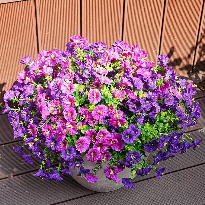 Artificial Flowers for Outdoors, UV Resistant Fake Silk Morning Glory, Realistic Faux Plants for Outside Porch Patio Window Box Hanging Planter (12, Purple Fuchsia)