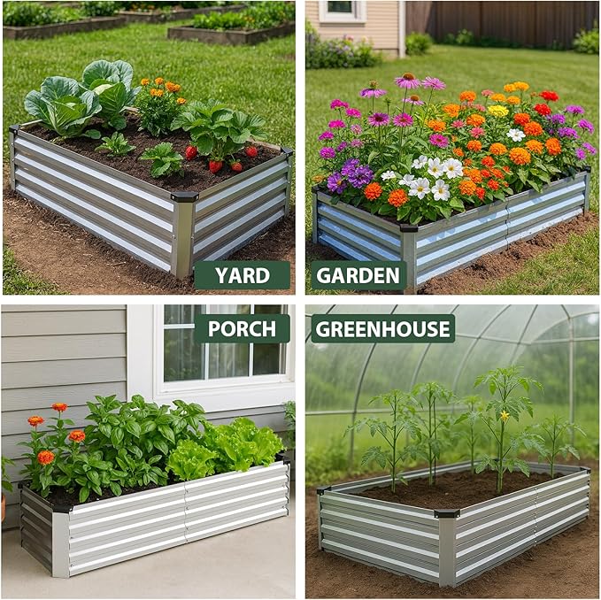 2 Pack 6x1.5x1FT Galvanized Metal Raised Garden Bed Kit for Vegetables, Herbs, Open-Bottom Large Capacity Outdoor Planter Box Gardening Stakes, Silver