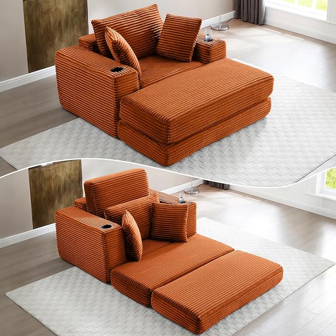 HANXIN 62" Chaise Lounge Chair Indoor, Oversized Corduroy Boneless Convertible Chaise Lounge Couch Sleeper Chair with Ottoman, Deep Seat Reading Chair, No Assembly Required (Orange)