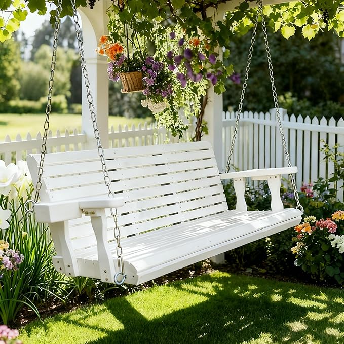 Wooden Porch Swing 3-Seater, High Backrest and Deep Seat, Bench Swing with Cupholders, Hanging Chains and 7mm Springs, Heavy Duty 880 LBS, for Outdoor Patio Garden (Pure White, 5 FT Extra Large)