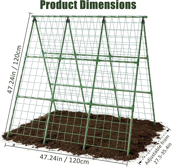 Miory Cucumber Trellis for Raised Beds, 48 x 48 Inch Metal A-Frame Garden Trellis for Climbing Plants Outdoor with Climbing Net, Plant Support for Cucumber Tomato Bean Pea