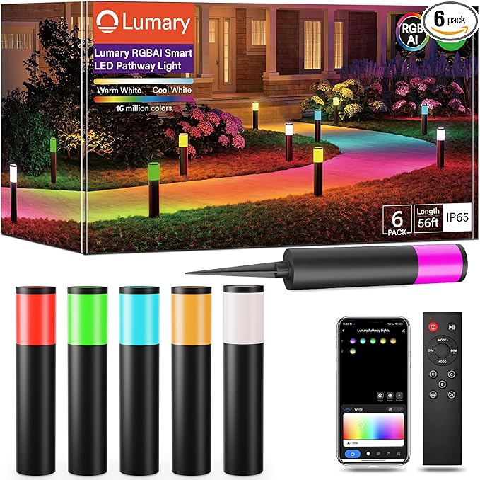 Lumary 6 Pack Smart Pathway Lights 2100LM, RGBAI/Cool/Warm White, Aluminum Wired Landscape Lighting IP65 Waterproof Works with Wi-Fi APP/Voice/Remote Control for Outdoor Yard, Garden, Walkway
