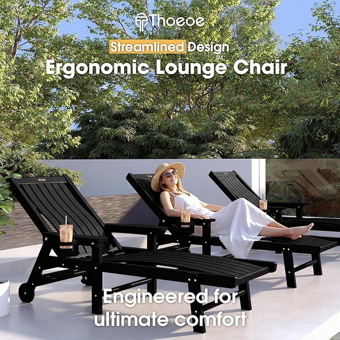 Patio Chaise Lounge Chair Set of 2, Oversized Lounge Chair Outdoor with 5 Positions, HDPE, Patio Lounge Chair with Wheels & Cup Holder for Pool, Deck, Poolside,Black