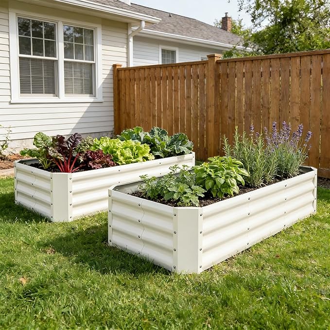 INNO STAGE 2Pcs Galvanized Raised Garden Bed Kit, 4x2x1FT Metal Raised Garden Beds for Vegetables, Rust-Resistant & Easy Assembly, Outdoor Raised Beds for Gardening, Flowers, Herbs (White)