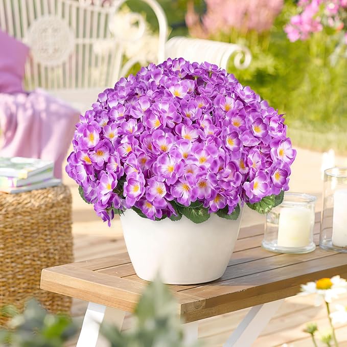 Artificial Geraniums Flowers for Outdoors, 6 Bundles Realistic Silk Fake Geranium, UV Resistant Faux Plants for Hanging Baskets, Window Boxes, Planters - Porch, Patio, Garden Decor(Purple)