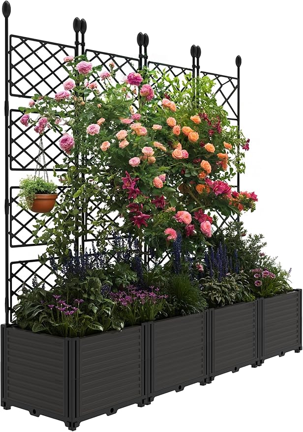 4 PCS Raised Garden Bed with Trellis, 65" LX16 WX63 H Plastic Planter Box for Climbing Plants, Outdoor Vertical Garden with Privacy Screen for Patio, Balcony, Backyard – Sturdy & Lightweight