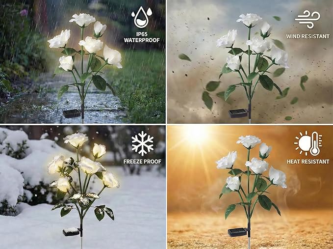 Solar Garden Rose Lights by FANCYPOP, 2 Pack Most Realistic 12 LED Flower Stake Lights, IP65 Waterproof 7 Color Changing Solar Decor for Walkway/Graveyard, Heartwarming Gifts for Grandma & Mom, White