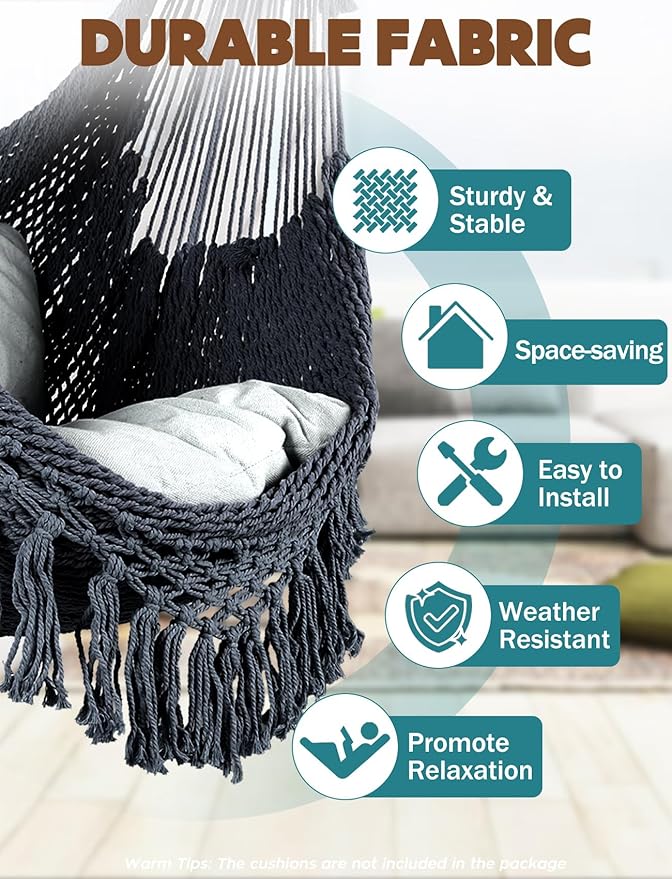Chihee Hammock Chair Super Large Soft-Spun Cotton Rope Weaving Hanging Chair, Collapsible Strong Metal Spreader Bar Wide Seat Lace Stretch Swing Chairs Indoor Outdoor Garden Yard Theme Decoration
