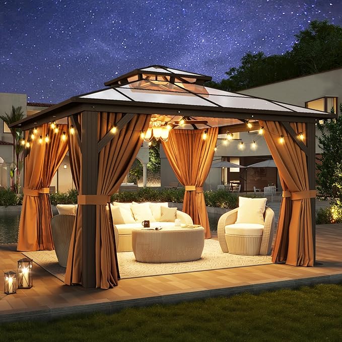 Aoxun 12'x12' Hardtop Gazebo, Aluminum Frame Permanent Pavilion with Curtains and Netting, Outdoor Polycarbonate Double Roof Canopy, Designed for Garden, Lawns, Patio, Brown