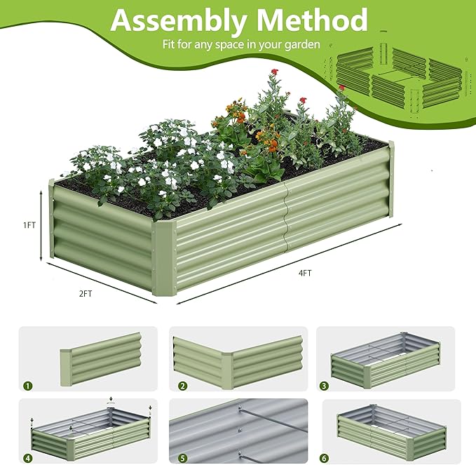 2PCS 4x2x1FT Galvanized Raised Garden Bed, Galvanized Planter Raised Garden Boxes Outdoor, Large Metal Raised Garden Beds for Vegetables-Green