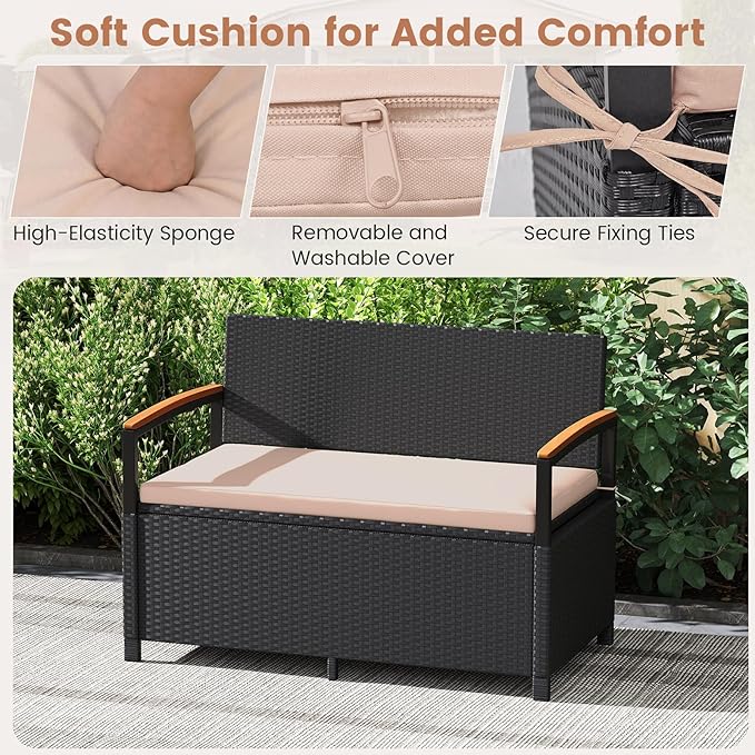 Tangkula 46 Gallon Outdoor Bench with Storage, Outdoor PE Rattan Storage Bench with Cushion, Backrest & Acacia Wood Armrests, Metal Frame, Waterproof Deck Box Seat for Porch Backyard Poolside