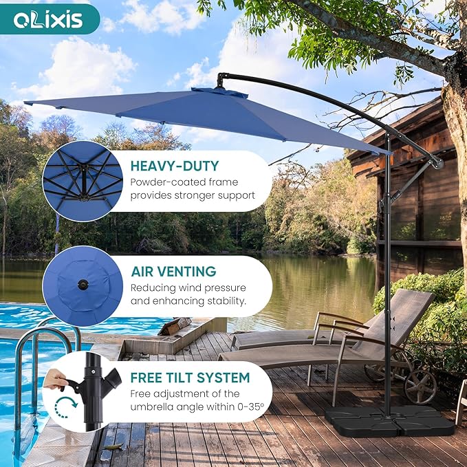 OLIXIS 10FT Offset Patio Umbrella, Cantilever Table Umbrellas for Outdoor Sun Shade UV Protection with Easy Tilt Adjustment, 8 Ribs for Backyard, Lawn, Garden, Pool - Blue