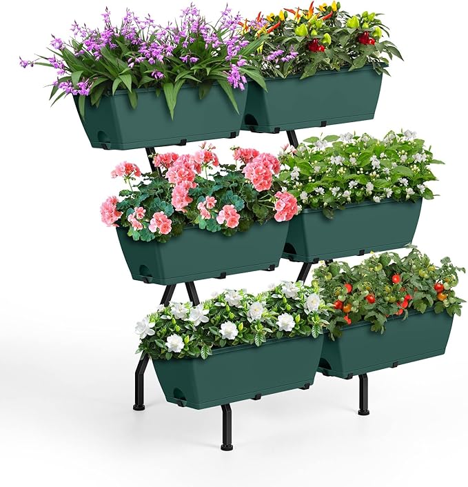 2 Column Vertical Raised Garden Beds, 6 Planter Boxes Standing Garden Bed Outdoor/Indoor Herb Garden Tiered Planter with Drainage Holes & Removable Trays for Flowers/Vegetables/Plants (Green)