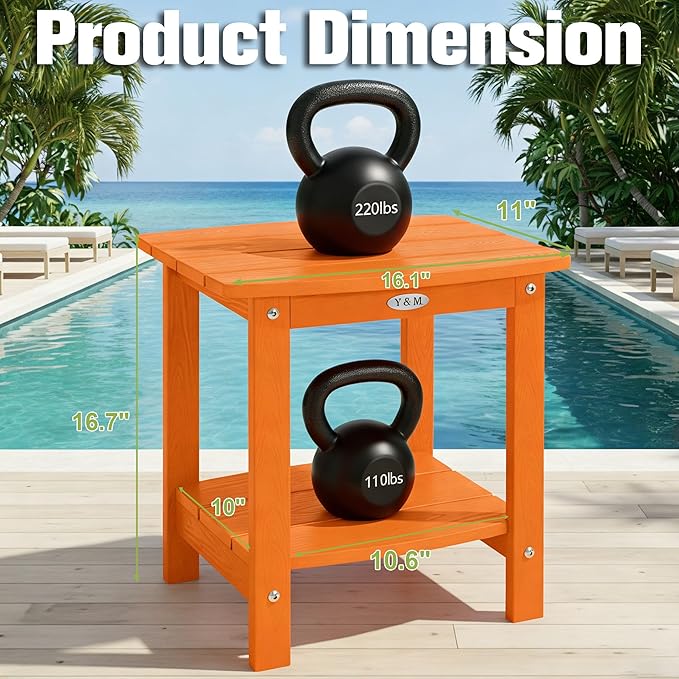 Y&M Outdoor Side Table, HIPS Adirondack Small Double Layer Table, Waterproof Square Outside Table, Balcony End Tables for Patio, Pool, Porch, Deck, Indoor or Outdoor Use, Orange