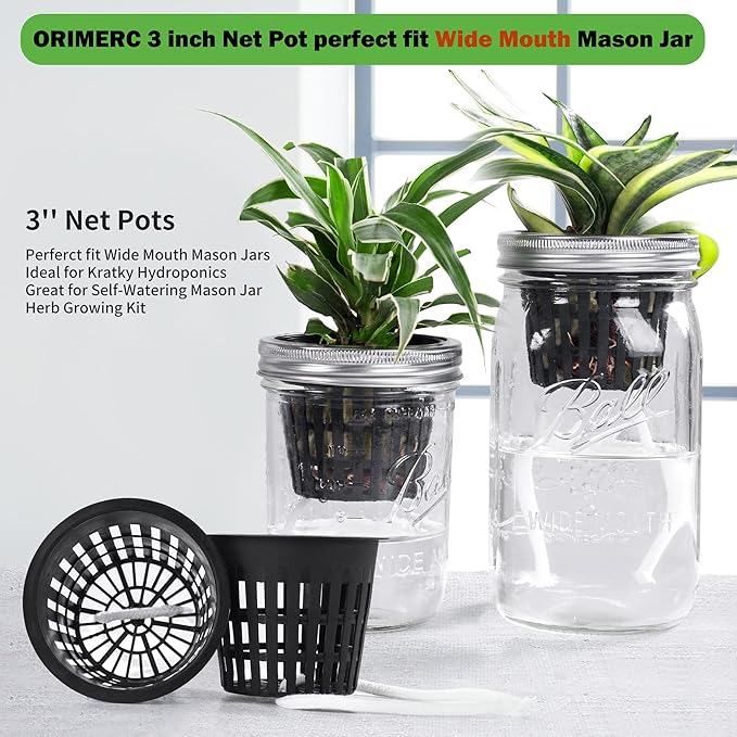 ORIMERC 12 Pack 3 inch Net Cups Pots with 12 feet Hydroponics Self Watering Wick & 12 Plant Labels Aquaponics Mason Jar Bucket Insert Orchid kratky Vegetable Garden Growing Netted Basket Slotted Mesh