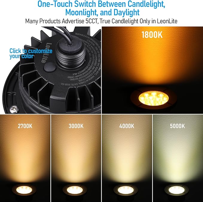 LEONLITE Dia. 4 Inch 5CCT Well Lights Landscape LED In Ground, 5 Color Temperature Selectable, 12-24V AC/DC CRI90 Low Voltage Outdoor Garden Landscaping, Aluminum Housing, Black, Pack of 6
