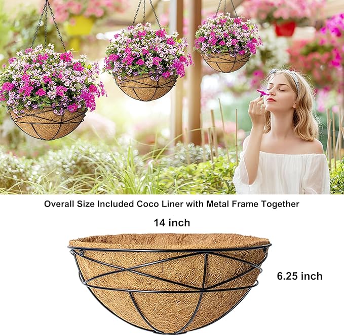 2 Pack 14 Inch Hanging Flower Baskets for Outdoor Plants Large Metal Wire Planters with Coco Liner Pot for Home Planting Round Watering Plant Holders for Outside Garden