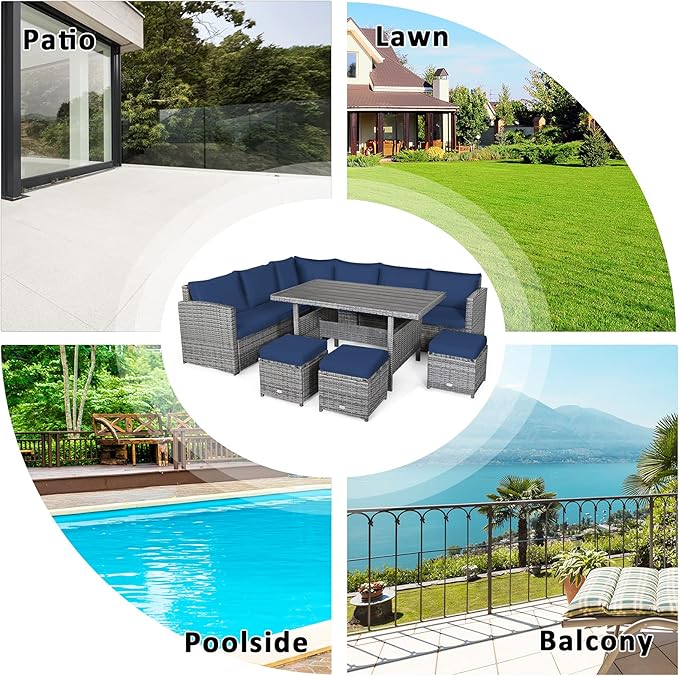 Tangkula 7 Pieces Patio Furniture Set, Outdoor Sectional Rattan Dining Sofa Set with Cushions, All Weather Wicker Conversation Couch Set with Dining Table & Ottomans for Yard Garden Poolside, Navy